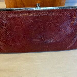 Hobo International Leather Frame Wallet Clutch Embossed Burgundy Kisslock